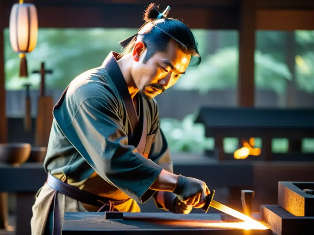 Un hábil herrero japonés forja una réplica de espada samurái decorativa, rodeado de herramientas y bañado por el intenso calor del horno