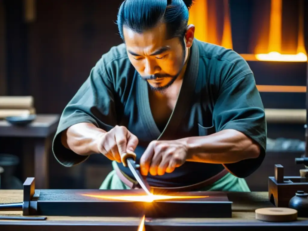 Un hábil herrero japonés forja con técnicas tradicionales una espada samurái, rodeado de herramientas de su oficio