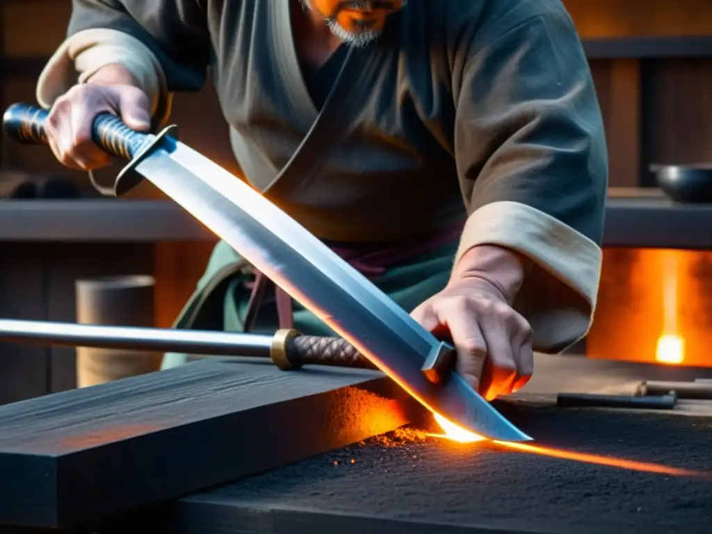 Un hábil herrero japonés elabora meticulosamente una katana en su taller, destacando la artesanía tradicional