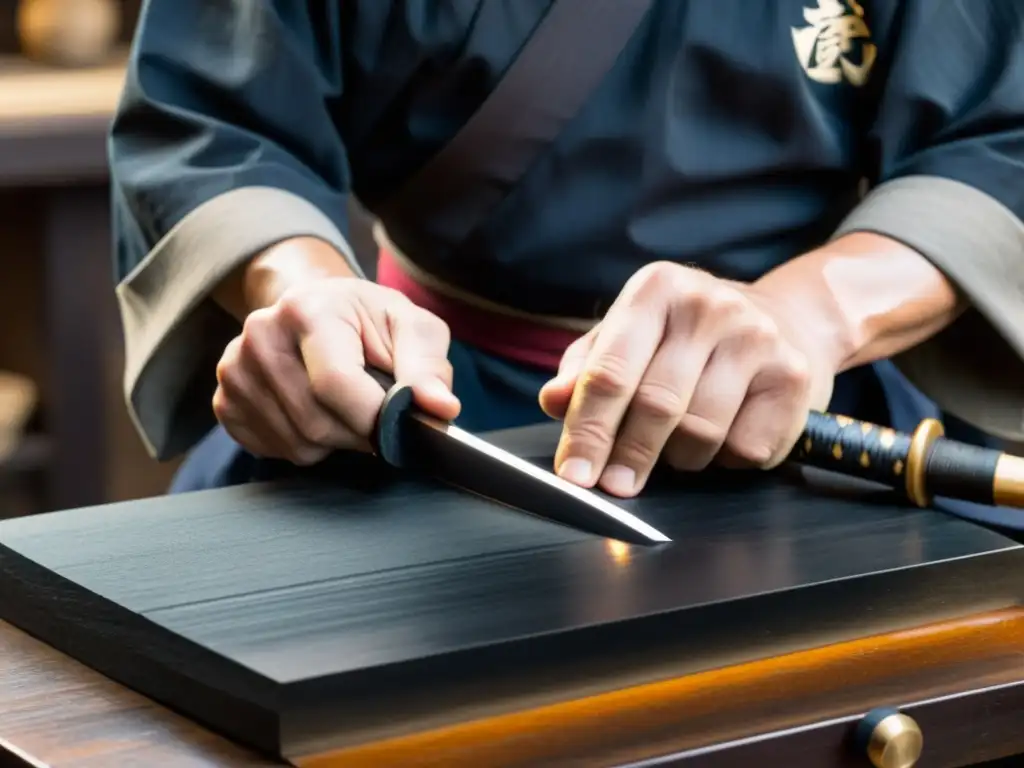 Un hábil herrero japonés afila con precisión un Wakizashi, mientras las chispas vuelan y el brillo de la hoja refleja la luz del taller