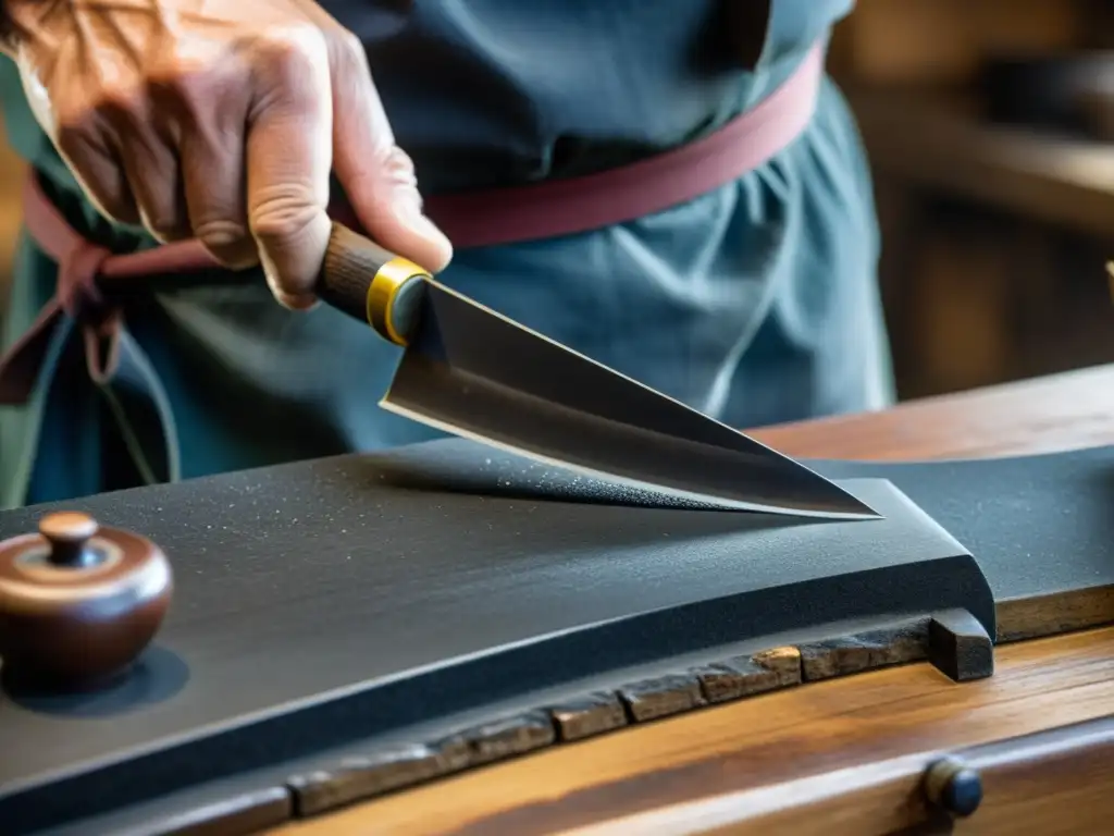 Un hábil herrero japonés afila un Wakizashi con técnicas ancestrales, creando una obra maestra de precisión