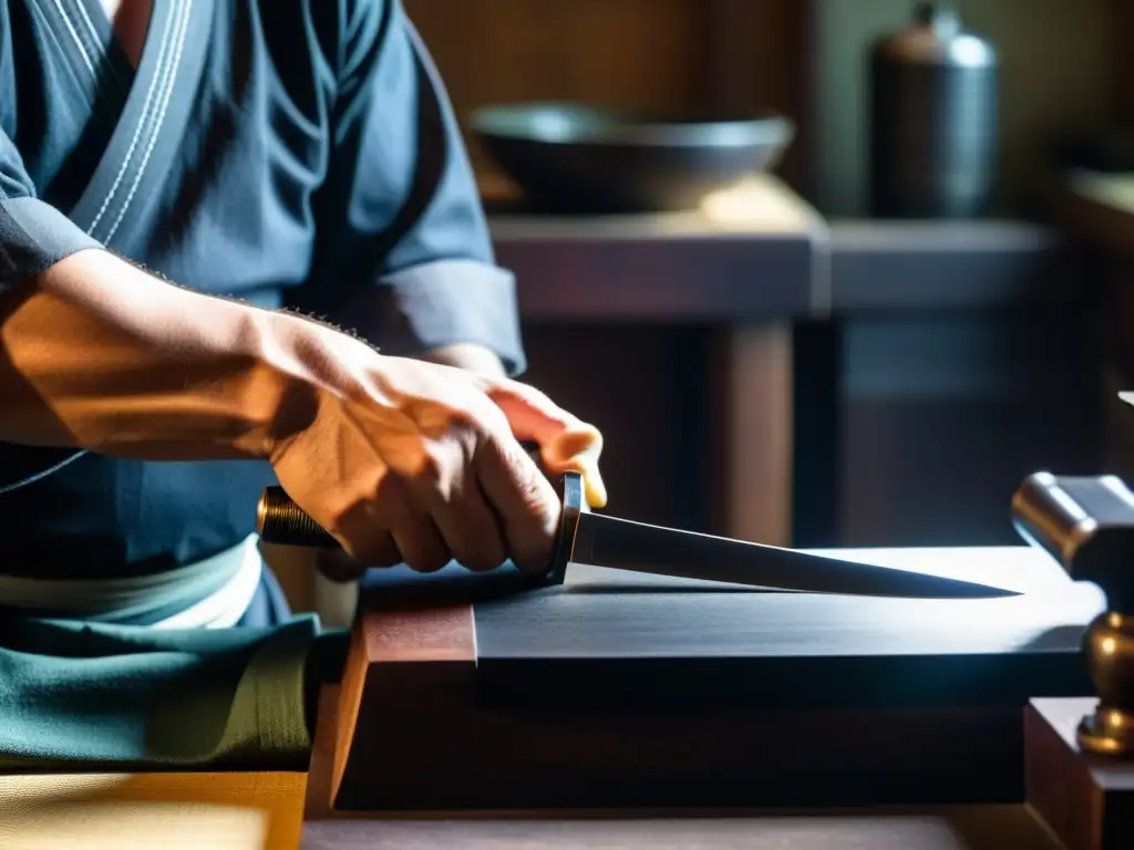 Un hábil herrero afila con maestría un Wakizashi, mostrando las intrincadas técnicas de afilado para Wakizashi en su taller iluminado por la forja