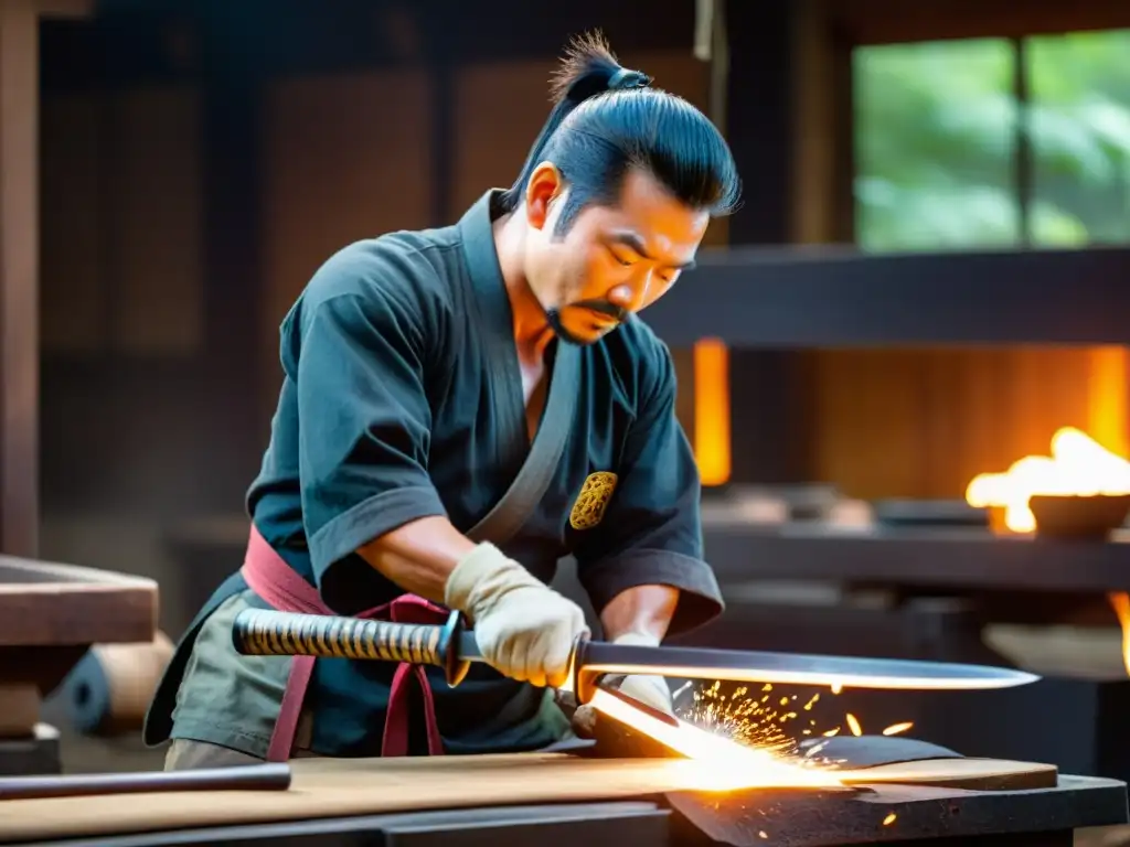 Un hábil herrero forja una katana, con chispas y calor intenso en la fragua, revelando la física detrás de la katana