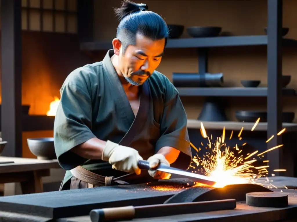 Un hábil herrero forja con maestría una katana japonesa en su taller, destacando la evolución de la katana