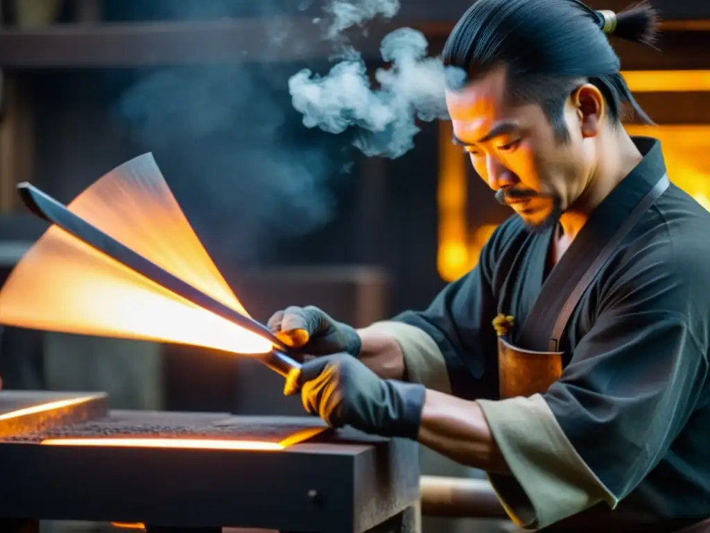 Un hábil herrero forja con maestría una katana japonesa, resaltando las técnicas de forjado de la época samurái