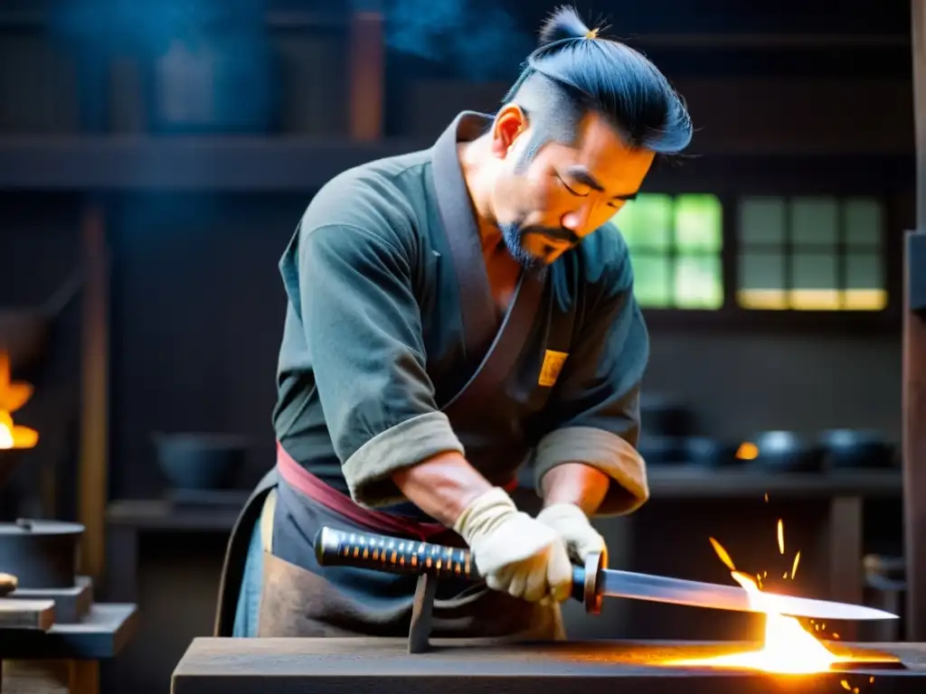 Un hábil herrero forja con maestría una katana japonesa tradicional, capturando la historia y la cultura de los samuráis