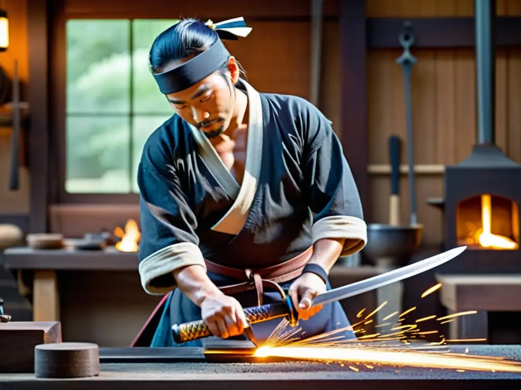 Un hábil herrero forja una katana en un taller japonés, con chispas volando