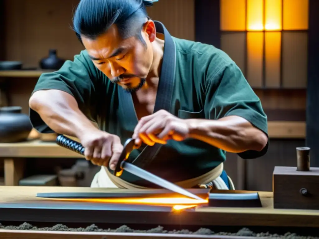 Un hábil herrero forja una katana en un taller japonés tradicional, preservando ancestral del filo samurái