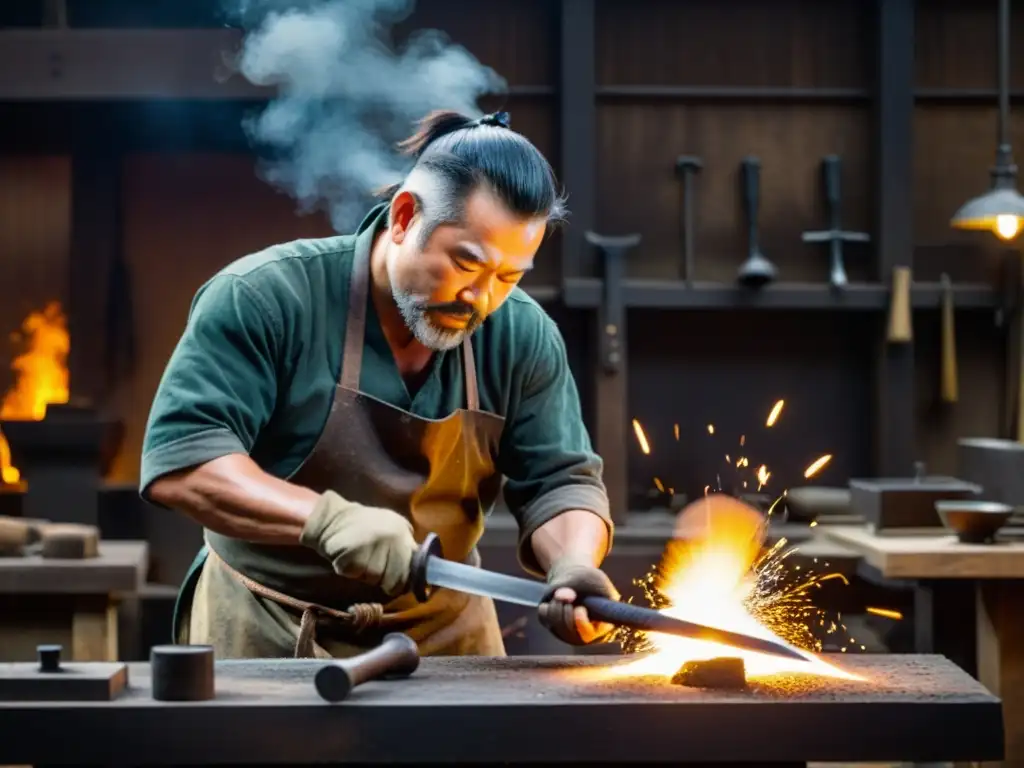 Un hábil herrero forja una katana samurái en su taller, rodeado de herramientas tradicionales y un telón de humo y chispas