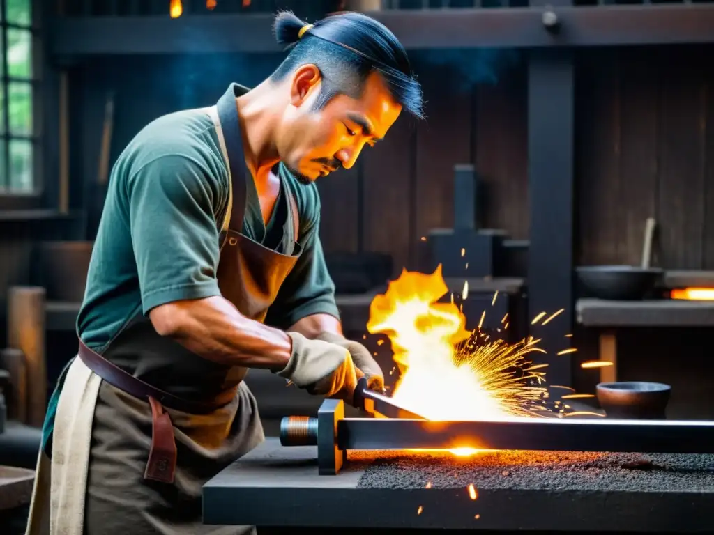 Un hábil herrero forja una katana con técnicas tradicionales, rodeado de brasas