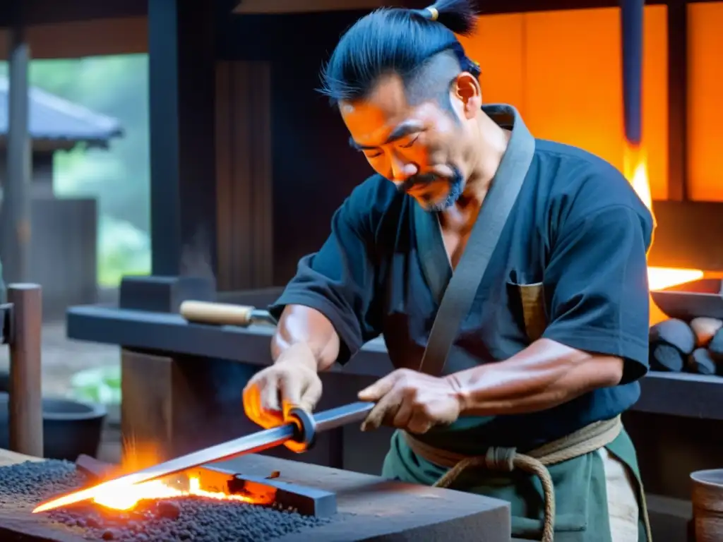 Un hábil herrero forja una katana samurái en una tradicional forja japonesa, el metal brilla naranja intenso mientras martilla con destreza