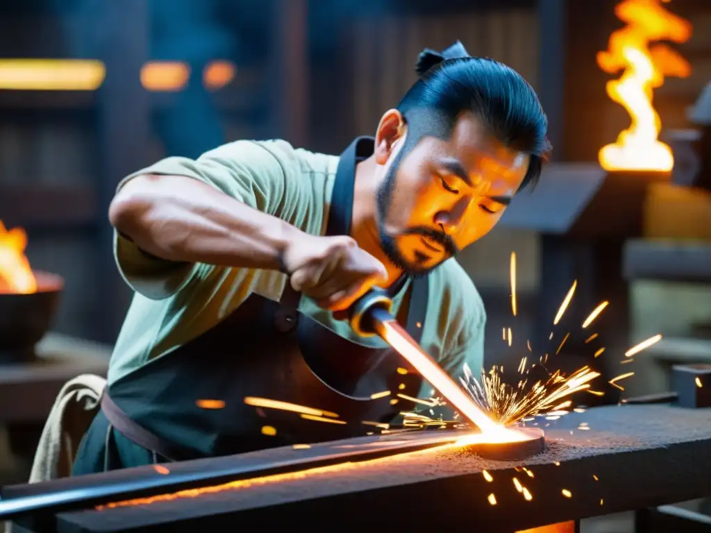 Un hábil herrero forja una katana samurái en su tradicional taller japonés, creando una escena cautivadora llena de arte y precisión