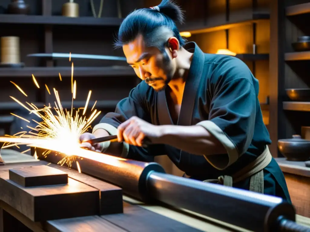 Un hábil maestro espadero forja réplicas de espadas samurái de calidad en un taller japonés tradicional, creando una atmósfera de arte y tradición