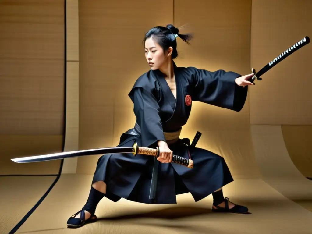 Un hábil practicante de Iaido en atuendo samurái realiza técnicas esenciales con su katana en un dojo japonés