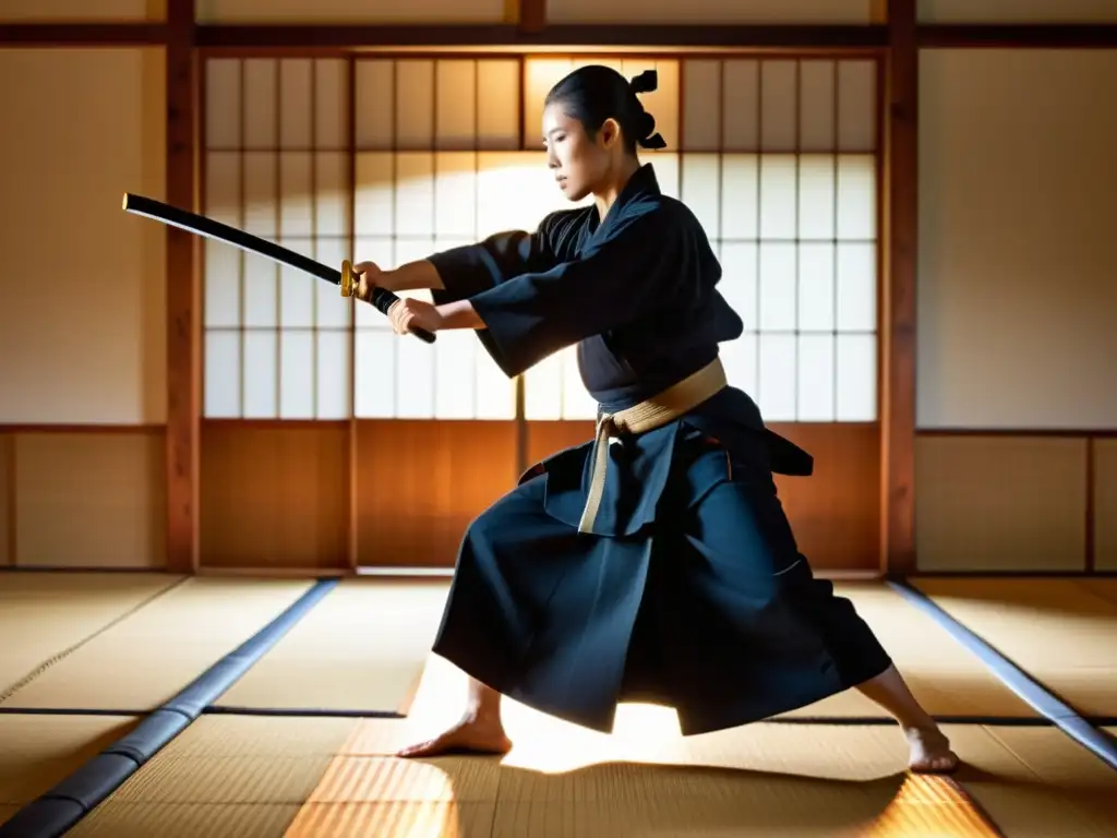 Un hábil practicante de Iaido ejecuta un movimiento preciso y elegante en un dojo japonés tradicional, mostrando concentración y control