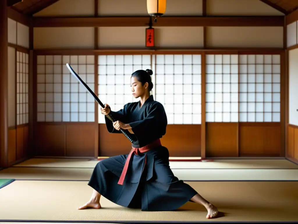 Un hábil practicante de Iaido muestra una técnica precisa en un dojo tradicional