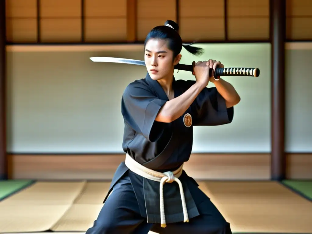 Un hábil practicante de kembu, vestido como un samurái, realiza movimientos elegantes con una espada katana en un dojo sereno