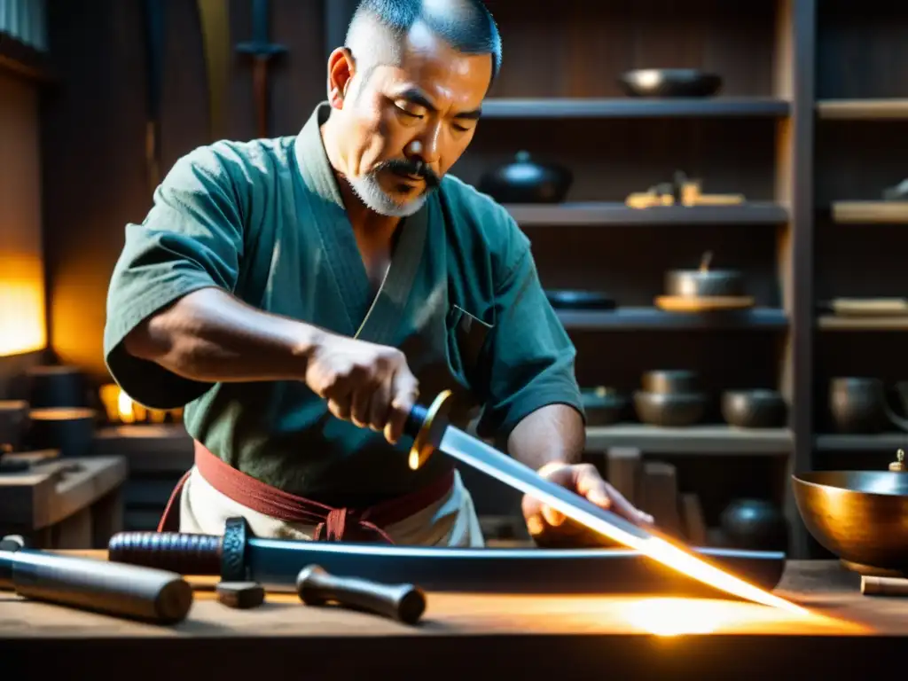 Un hábil herrero forja una réplica de Wakizashi en su taller, iluminado por la cálida luz de la fragua