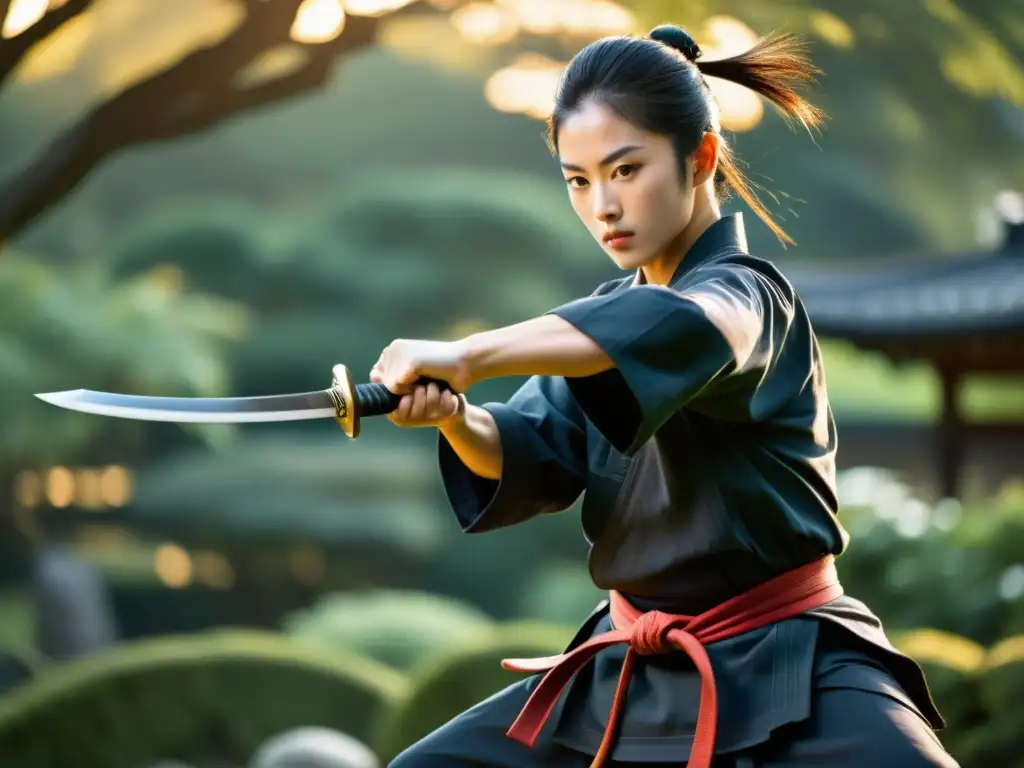 Un hábil samurái en un jardín japonés al atardecer, empuñando una reluciente katana