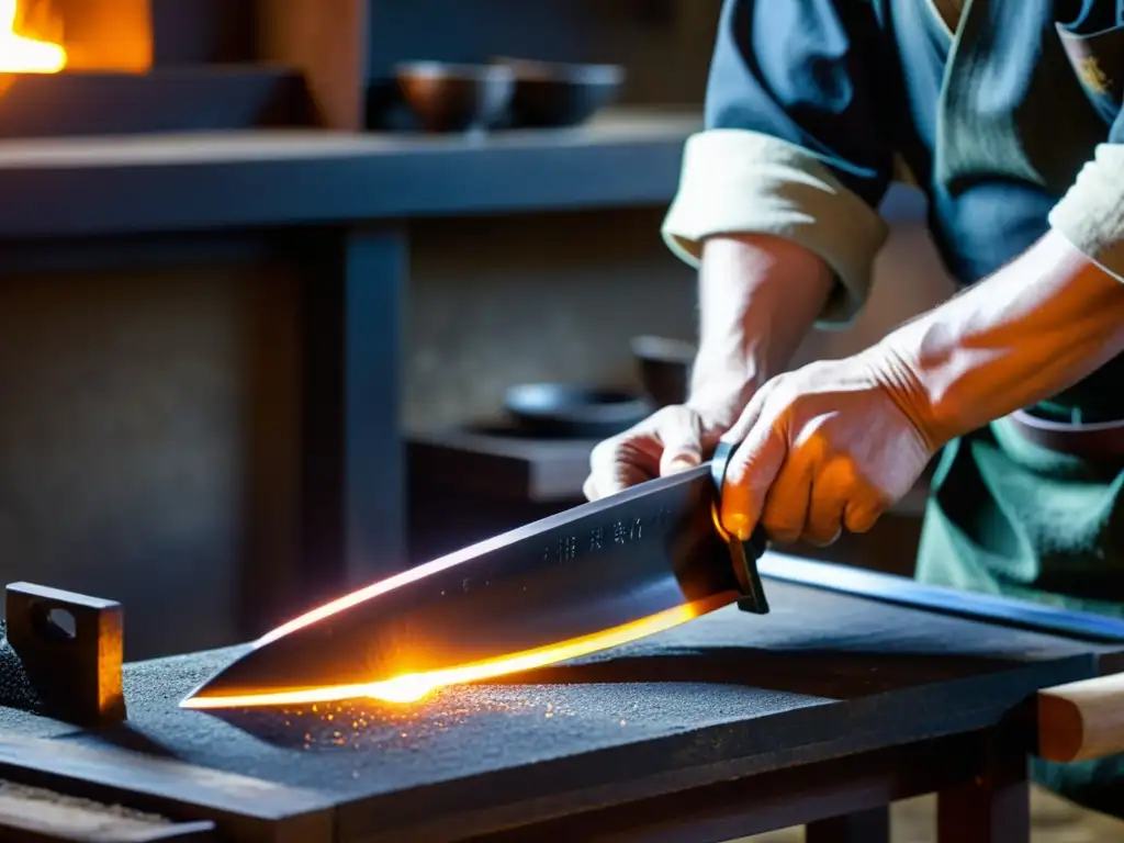 Un hábil herrero forja con precisión un wakizashi en su taller tradicional japonés, rodeado de herramientas y materiales