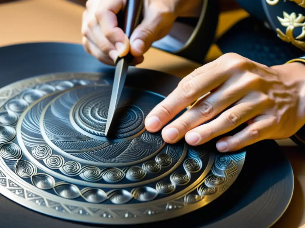 Las hábiles manos del artesano tallan con precisión el Yoroi samurái, mostrando la fabricación tradicional de Yoroi samurái con maestría