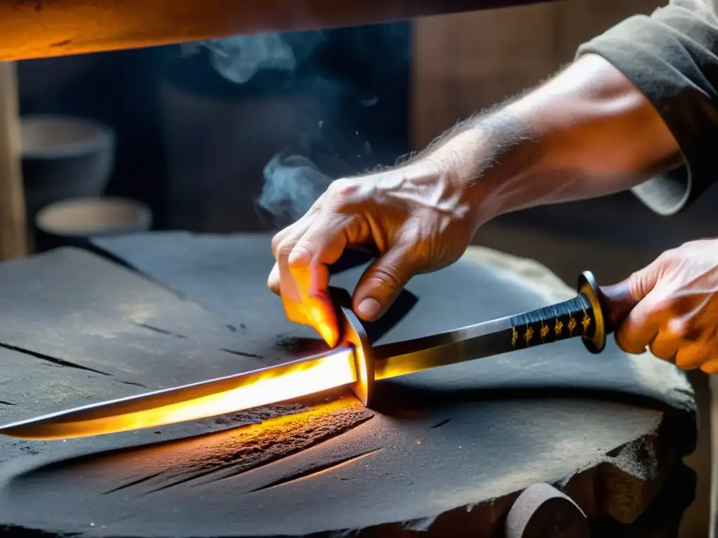 Las hábiles manos del maestro forjador moldean con precisión el acero incandescente, creando la icónica hoja curva de una katana