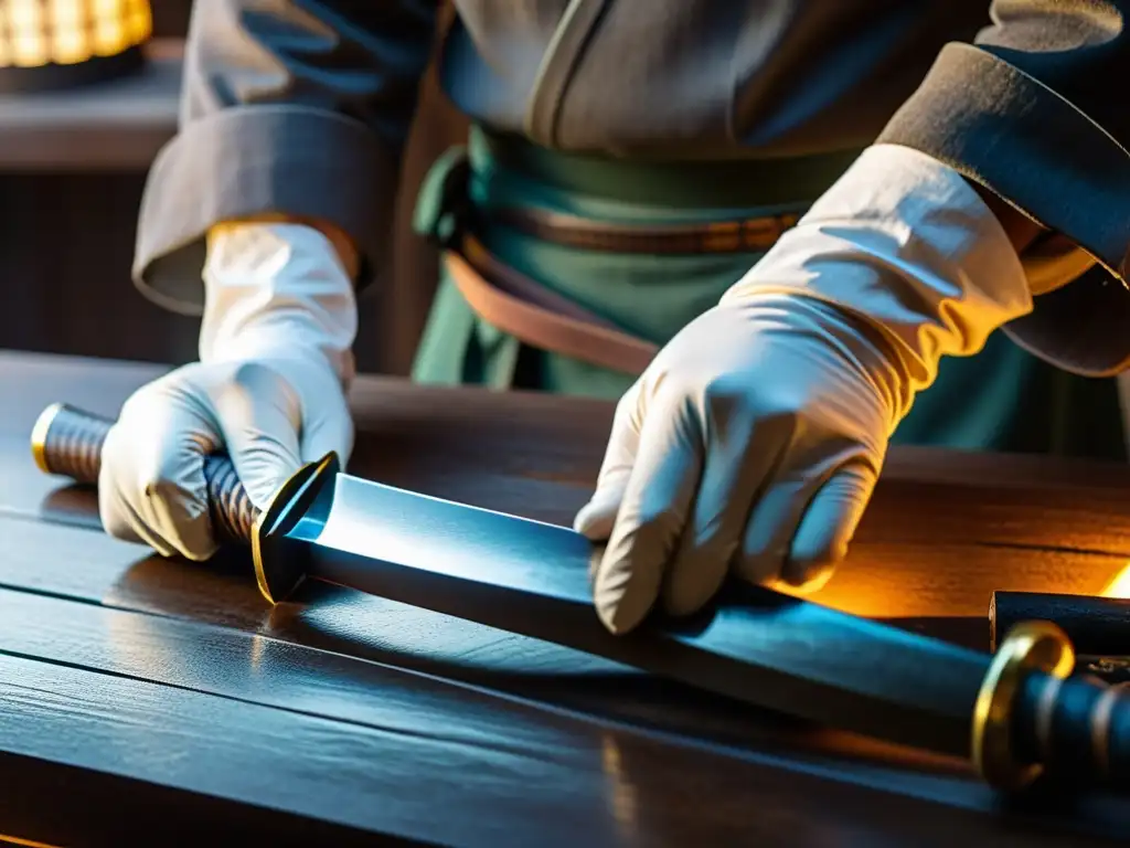 Un habilidoso artesano restaura con esmero una antigua katana en su taller japonés, destacando la restauración de katanas antiguas