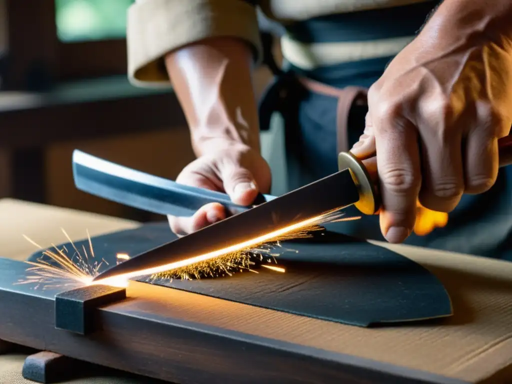 Un habilidoso herrero japonés afila con destreza ancestral una katana, creando chispas hipnóticas