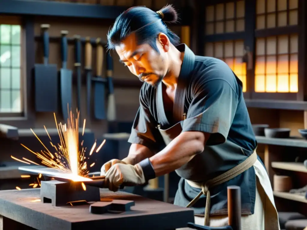 Un habilidoso herrero japonés forja una espada samurái en el Japón feudal, mostrando la dedicación y las técnicas tradicionales de fabricación