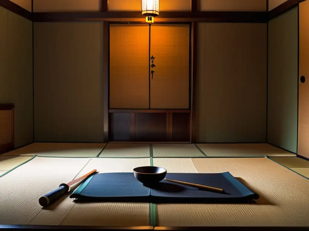 Una habitación japonesa tradicional con un ambiente solemne y austero