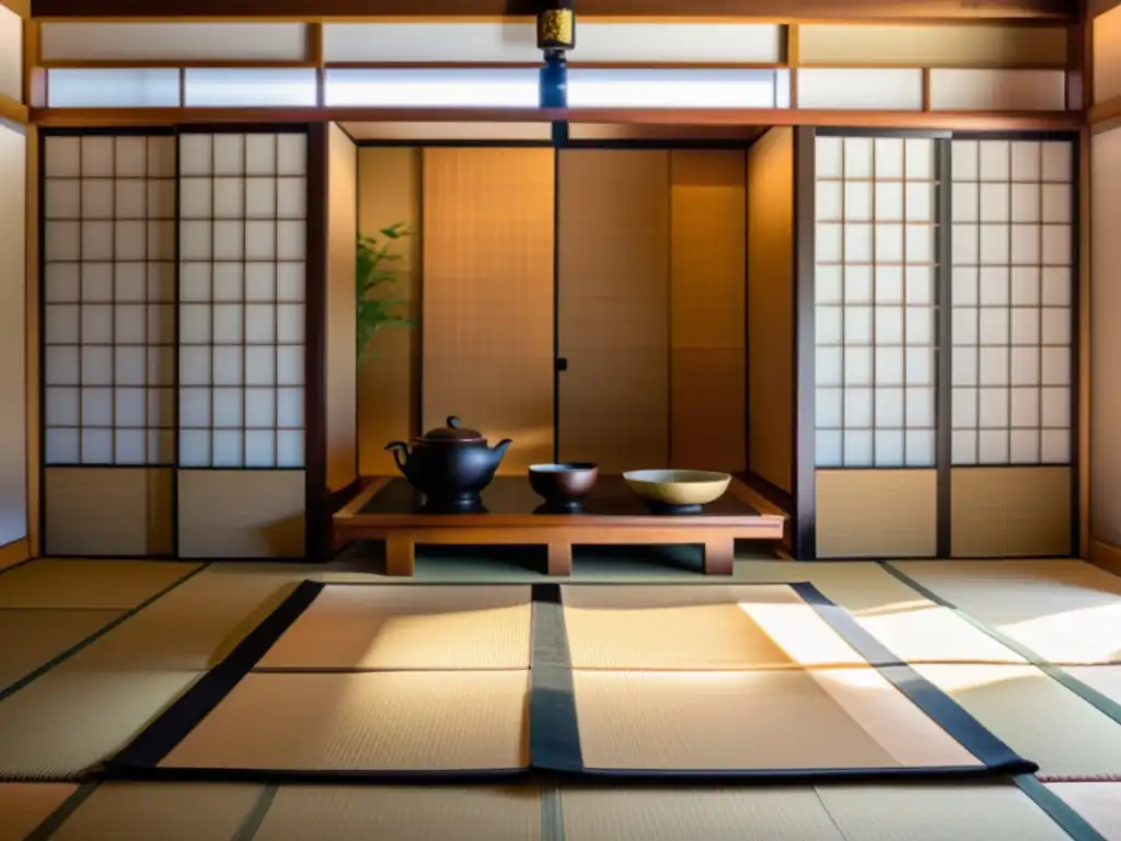 Una habitación japonesa tradicional con katanas decorativas y una serena decoración con espadas samurái