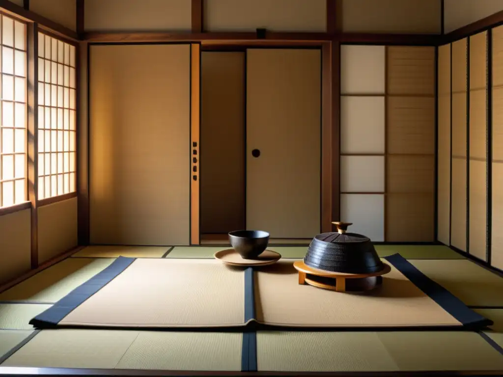 Una habitación japonesa tradicional con pantallas shoji, una mesa baja de madera y una exhibición de armadura y armas samurái