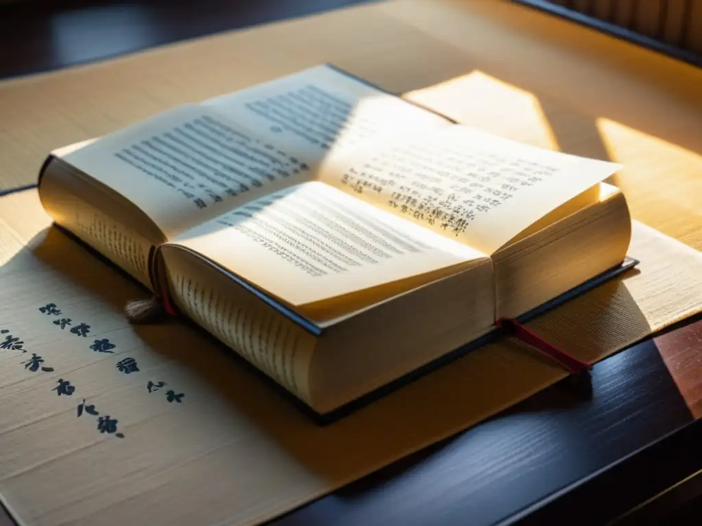 Un Hagakure envejecido reposa en un tatami, iluminado por un rayo de sol