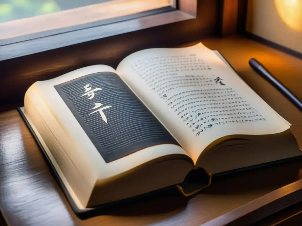 Hagakure libro samurái vida plena: Antiguo tomo con caligrafía japonesa, iluminado por suave luz, revela sabiduría ancestral