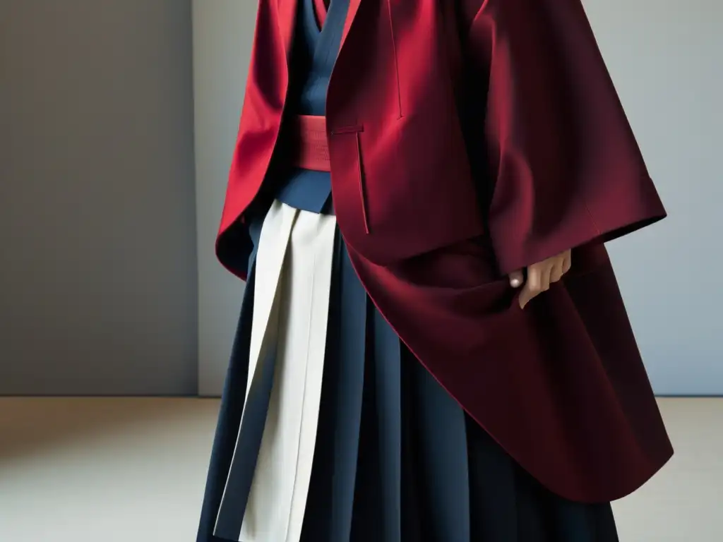 Un hakama modernizado en rojo intenso, destaca en un estudio minimalista