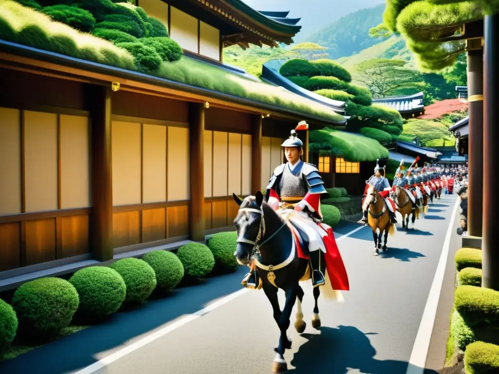 Hakone Daimyo Gyoretsu: desfile de samuráis histórico en las calles, entre verdor y edificios antiguos, evocando la rica historia de Hakone