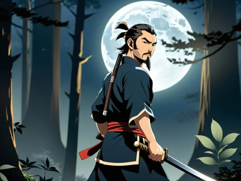 Hattori Hanzo Ninja en la misteriosa y detallada imagen de un bosque nocturno iluminado por la luna