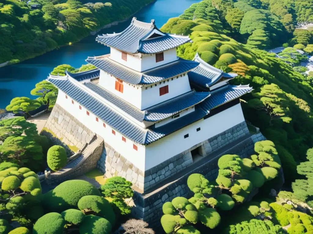 Hermosa arquitectura del castillo samurái Himeji, honrando su legado con majestuosidad y elegancia entre la exuberante naturaleza y cielo azul claro