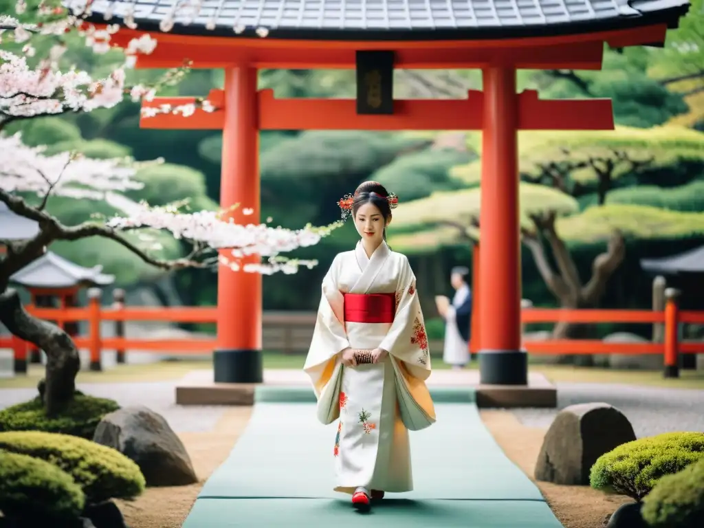 Una hermosa ceremonia de boda japonesa en un jardín sereno, con una novia elegante y un novio samurái