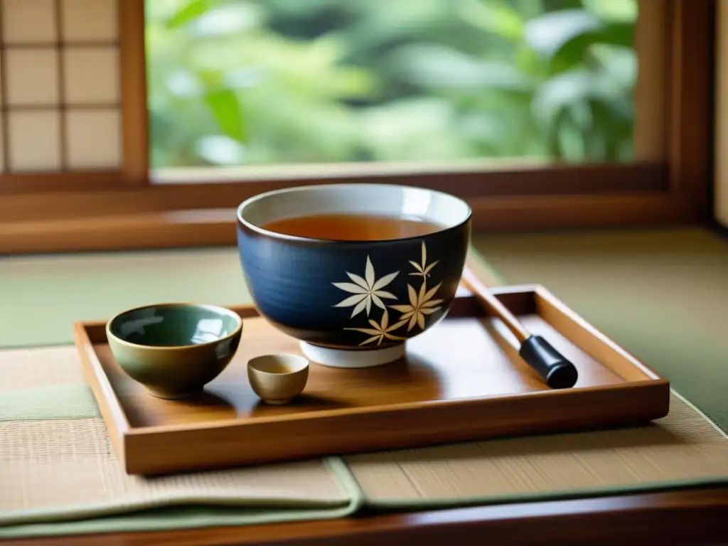 Una hermosa ceremonia del té japonés con detalles artesanales y utensilios, evocando la serenidad y la diplomacia samurái