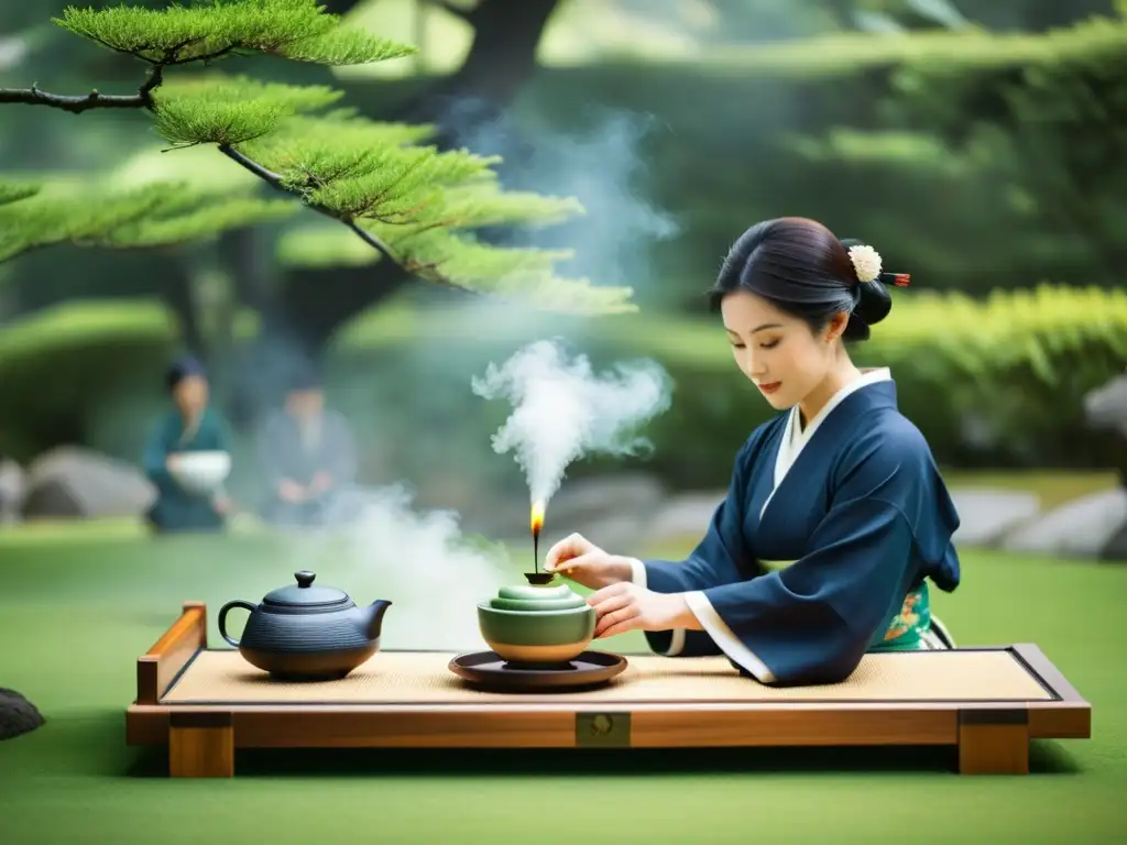 Una hermosa ceremonia del té japonés en un jardín, capturando la esencia de las relaciones internas clave del Shogunato