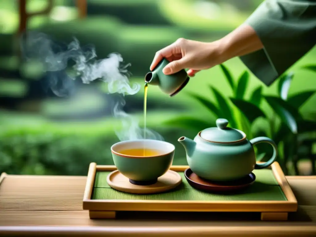 Una hermosa ceremonia del té japonés con influencia china en ética samurai, capturando la elegancia y serenidad de este antiguo ritual