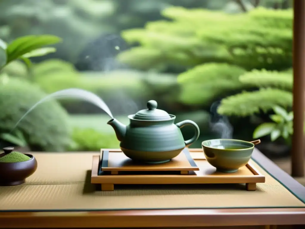 Una hermosa ceremonia del té japonés en un jardín sereno, con movimientos delicados y la filosofía samurái en el mundo