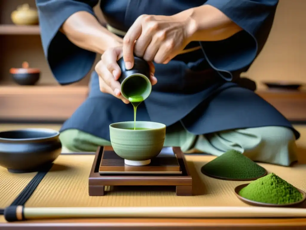 Una hermosa ceremonia del té japonés, con un maestro artesano vertiendo matcha en una taza delicada, rodeado de un entorno sereno y elegante