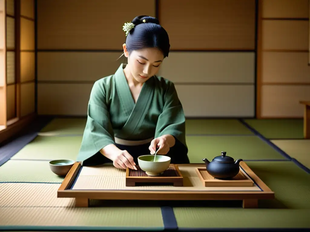 Una hermosa ceremonia del té japonés en una sala serena de tatami