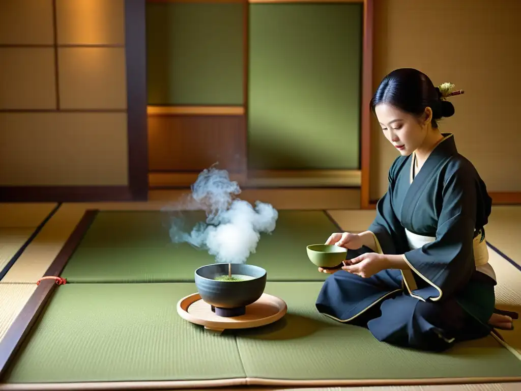 Una hermosa ceremonia del té japonés en una sala de tatami, con movimientos gráciles y utensilios cuidadosamente dispuestos