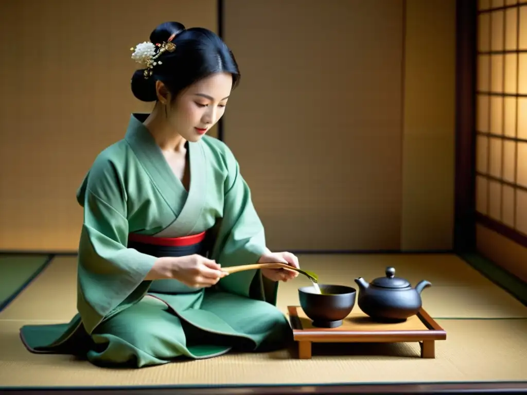 Una hermosa ceremonia del té japonesa, destacando la elegancia y precisión del ritual, con influencia del manga en videojuegos samurái