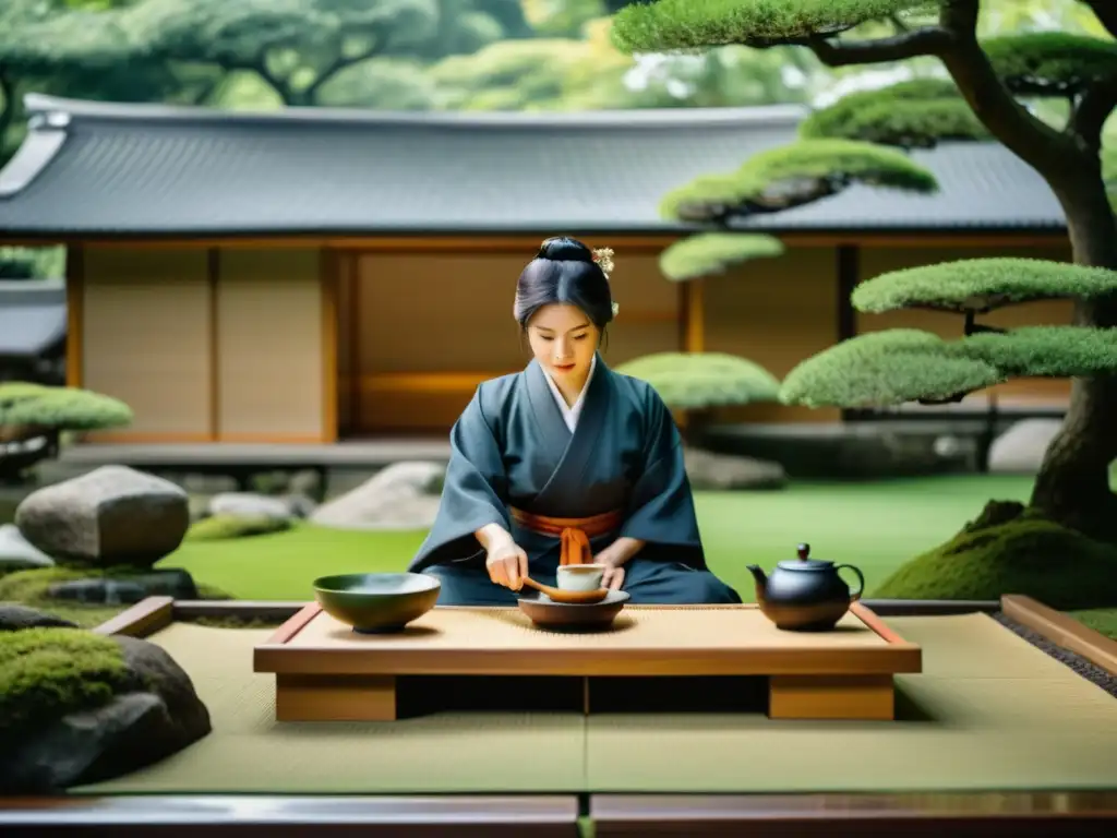 Una hermosa ceremonia de té japonesa en un jardín sereno, con la correspondencia de los unificadores samuráis