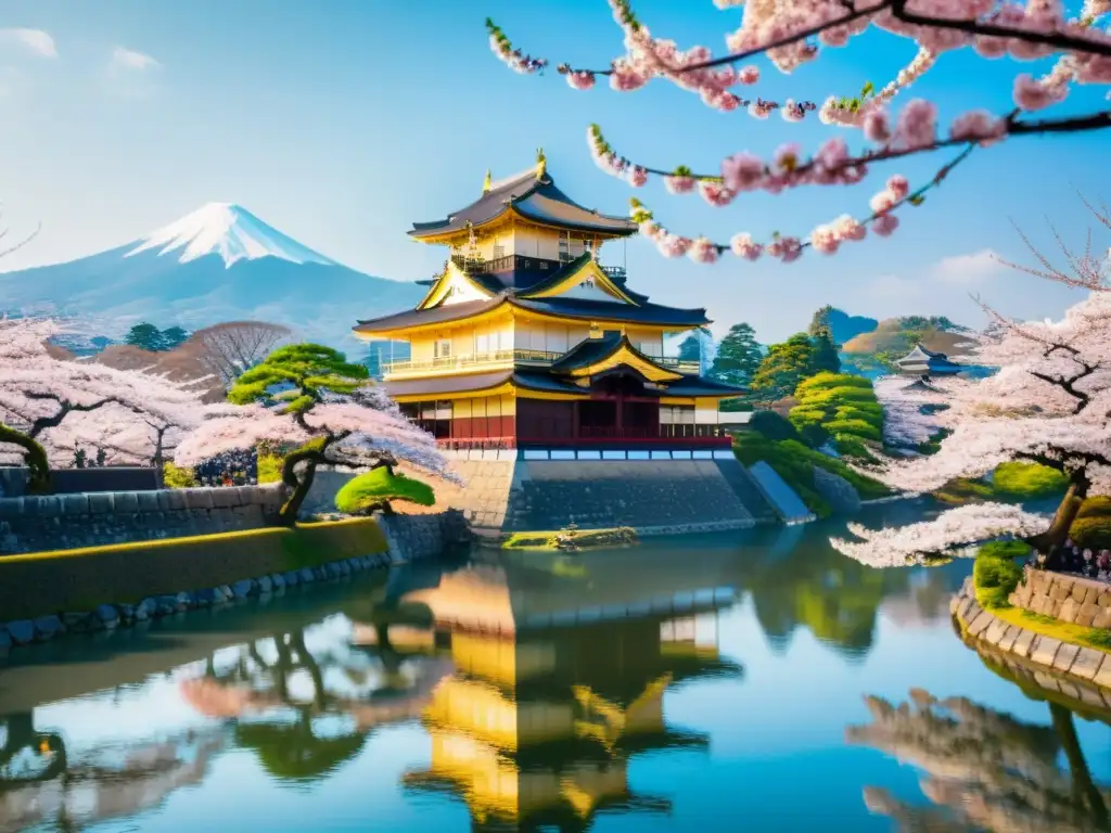 Una hermosa imagen de un castillo japonés rodeado de cerezos en flor, con una pagoda detrás