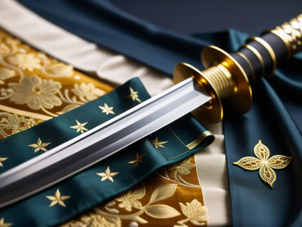 Una hermosa katana descansa sobre un paño japonés tradicional, destacando el arte samurái y guerreros celtas